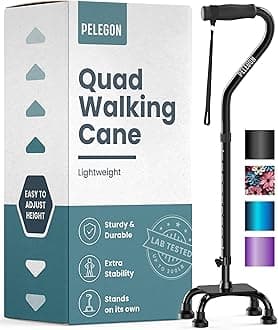 PELEGON Quad Cane (300 lb) - Adjustable Walking Cane with A Large 4 Pronged Base for Extra Balance & Stability, Walking Canes for Seniors, Walking Cane for Men & Women, Walking Sticks