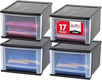 17 Qt. Medium Plastic Stacking Drawer, Stackable Storage Organizer Unit with Sliding Drawer for Bedroom Kitchen Under Sink Pantry Craft Room Dorm Office, Black, 4-Pack
