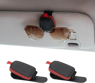 Yuoyar Sunglass Holder for Car, Magnetic Leather Sunglasses Holder and Ticket Card Clip, Car Visor Accessories, 2 Packs (Black-red)