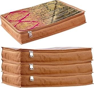 JD FRESH 4 Pcs Non-Woven Saree Covers For Storage/Saree Bags with Zip/Multi-Purpose Lehenga Storage Bag/Clothes Covers for Sarees/Dresses/Lehengas (16.5x13x3 Inch)