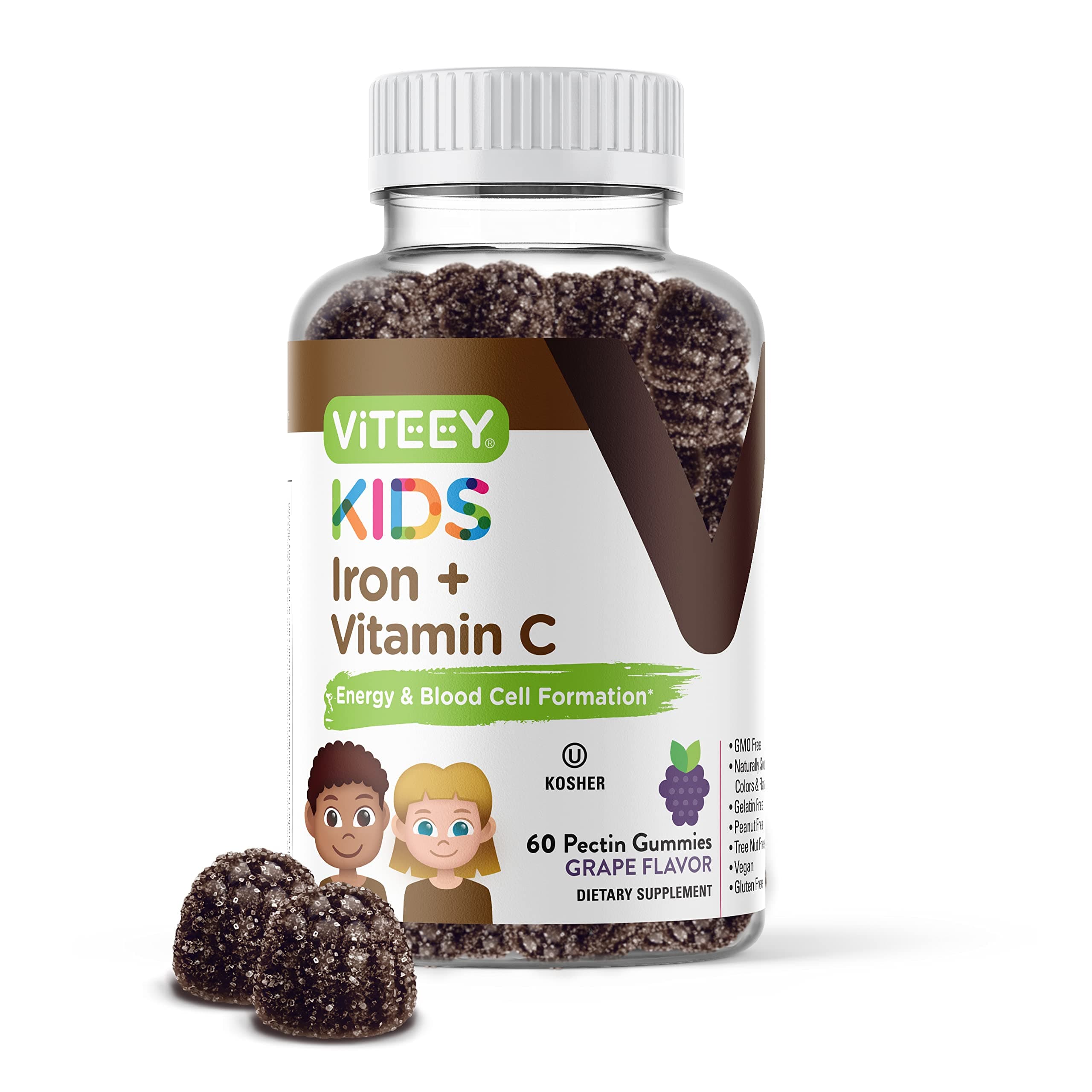 Iron Gummies for Kids with Vitamin C - Supports Energy, Blood Cell Formulation, Blood Builder Anemia Kids Iron Supplements - Vegan, Gelatin Free, Gluten Free - Tasty Chewable Grape Flavored