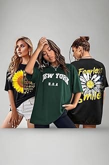 Women's Cotton Oversized Fit Printed Round Neck Oversized T-Shirt | Loose Fit Drop Shoulder T-Shirt Pack of 3