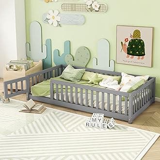 Twin Size Montessori Floor Bed with Slats, Twin Size Floor Bed with Door and Fence, Easy Assemble Montessori Beds for Kids, Girls, Boys, Gray