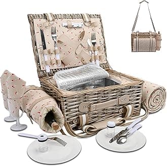 31Pcs Picnic Basket Set for 4 with Insulated Liner and Waterproof Blanket Wine Pouch, Large Wicker Picnic Hamper for Camping,Outdoor,Valentine Christmas for Couples, Cherry Red