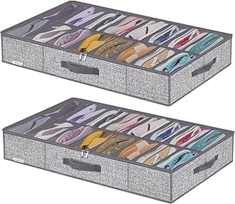 Onlyeasy Sturdy Under Bed Shoe Storage Organizers with Handles & Clear Window (16 +16 Pairs) 2 Pack, Closet Shoes Containers Boxes for Kids & Adults, 37.7"x23.6"x5.9", Linen-like Grey, MXDUBS16P2