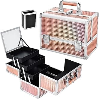 Joligrace Makeup Box 11.6-Inch Cosmetic Train Case for Women Travel Jewelry Organizer with Compartments & Mirror Portable Lockable Make-up Trunk Shiny Style