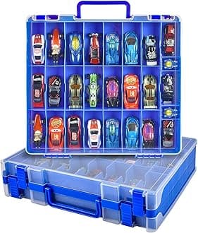 Toy Car Storage Organizer Case Compatible with Hot Wheels/for Matchbox Cars. Display Carrying Container Holder for LOL Surprise Dolls/for Shopkins with 48 Compartments Double Sided -Blue (Box Only)