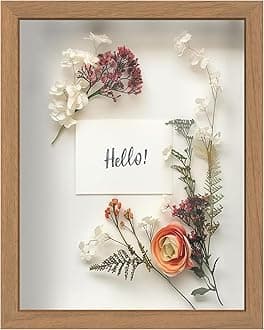 FrameWorks 11” x 14” Golden Oak Wooden Shadow Box Frame – Display Case with Soft Felt Back, Memory Box with Tempered Glass, Display Box with Elegant White Ball Push Pins, Wooden Flower Box