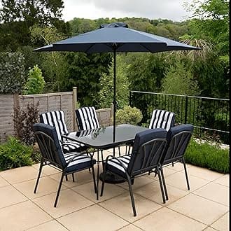 Hectare 6 Seater Metal Garden Furniture Outdoor Dining Set with Table and Parasol in Navy and White Stripe