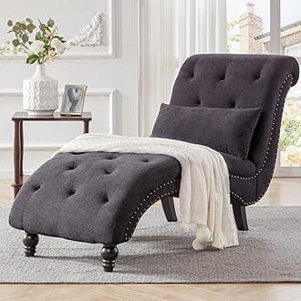 Tufted Soft Chaise Lounge Indoor, Linen Rivets Chaise Lounge Chair for Bedroom Living Room, Armless Upholstered Chaise Couch Chair with Square Cushions and Solid Wood Legs, Black