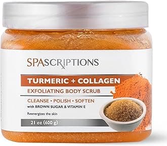 SpaScriptions Turmeric & Collagen Sugar Scrub - Brightening Body Scrub Exfoliator with Brown Sugar & Vitamin E, Ideal for for Dull & Uneven Skin Tone, Helps Support Glowing, Smooth & Firm Skin, 21 oz