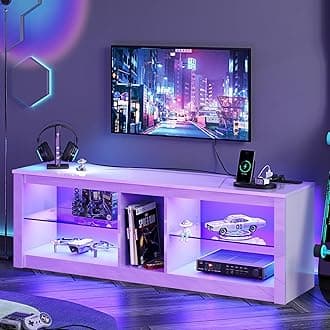 Bestier LED TV Stand for 55/60/65 Inch TV, White High Gloss Entertainment Center with Power Outlet & Adjustable Shelves, Modern Gaming TV Console with Storage for Living Room Bedroom