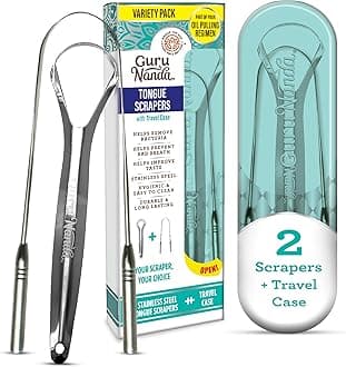 Spoon & U-Shaped Tongue Scraper Variety Pack (2 Pack) with Travel Case, 420 Medical Grade Stainless Steel, Promotes Fresh Breath & Oral Care