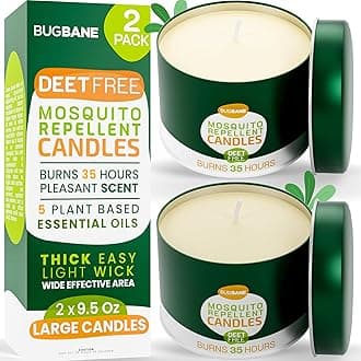 2 Mosquito Candles for Outside. Citronella Candles Outdoor Large. DEET Free with 5 Natural Essential Oils. Insect Fly Bug Candle Repellent Outdoor. Mosquito Repellent Candle Indoor Home Patio Camping