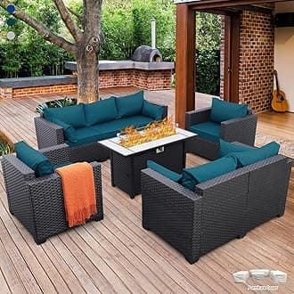 Rattaner Patio Furniture Set with 45In Fire Pit 5 Pieces Outdoor Furniture Sets Patio Couch Outdoor Chairs 60000 BTU Steel Propane Fire Pit Table No-Slip Cushions and Waterproof Covers, Peacock Blue