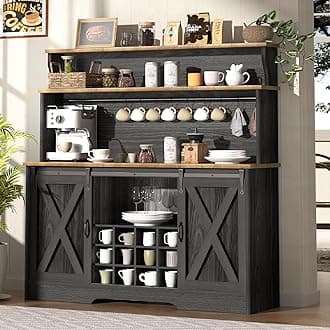 55'' Farmhouse Coffee Bar Cabinet with 3 Tier Storage Hutch, Coffee Bar Station with Sliding Barn Door, Hutch Storage Cabinet with 12 Wine Racks & 9 Hooks for Kitchen Dining Living Room