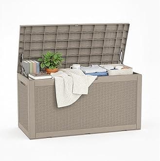 ROJIK Outdoor Storage Housing Deck Box - Waterproof Patio Furniture, Garden Tools, Cushions, Pool Accessories Storage Bench with Lockable Lid and Side Handles (Grey 110 Gal)