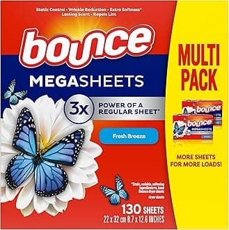 Mega Dryer Sheets, Fresh Breeze, 130 Count, Mega Fabric Softener Sheets with Static Control, Wrinkle Reduction, Extra Softness, Lasting Scent, Repels Lint