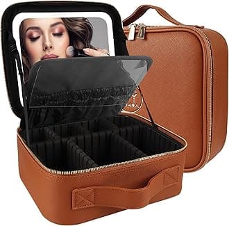 MOMIRA Travel Makeup Bag with Lighted Mirror, Adjustable Brightness in 3 Color Scenarios, Waterproof Makeup Train Case, Gift for Women, More than 20 Colors, Z-Tangerine Brown, Small, Integrated