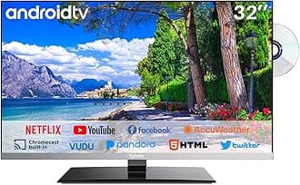 – SYLVOX 32 inch Smart TV with DVD Player Built in and Satellite Decoder, Google Play, Frameless RV TV 1080P FHD, Support WiFi Bluetooth, HDMI USB, Android 12V TV for Campervans, Motorhomes, Caravans