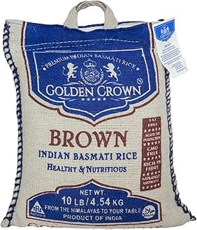Crown Indian Brown Basmati Rice - 160 oz (10LB) | Tasty and Delicious, Flavorful Non Sticky Whole Grains | Naturally Aged Long Grain Aromatic Rice | Non-GMO, Healthy Source of Fiber