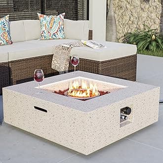 COSIEST Outdoor Propane Fire Pit Coffee Table w Square Faux Stone 35-inch Base, 50,000 BTU Stainless Steel Burner, Free Lava Rocks and Rain Cover
