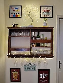 Jorden Wooden Wall Hanging Design Bar | Bar Cabinets for Home | Mini Bar for Home | Solid Wood Make Wine Storage Cabinet with Glass Hanging Space-Walnut Finish (Molding)