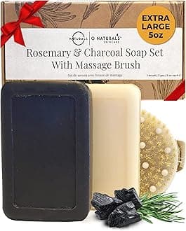 O NATURALS 100% Natural Bar Soap - Soap Gift Set - Organic Ingredients & Essential Oils - Spa Gifts for Women & Men, Women & Men's Bar Soap Face Soap - Coconut Charcoal & Rosemary w/Dry Brush