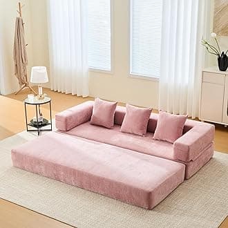 Convertible Floor Sofa Bed with Storage Pocket, Chenille Folding Mattress Sofa with Zipper Closure, Floor Lounge Couch for Living Room, Bedroom, Studio -Pink