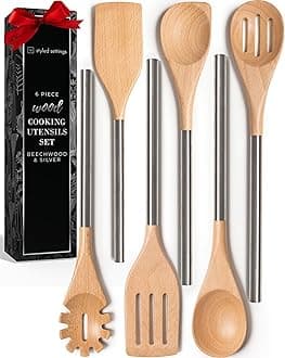STYLED SETTINGS Wood Cooking Utensils Set with Stainless Steel Handles – 6-PC Durable Wooden Spoons for Cooking, Serving, & Mixing – Kitchen Utensils Set for Nonstick Cookware, Great for Gifting