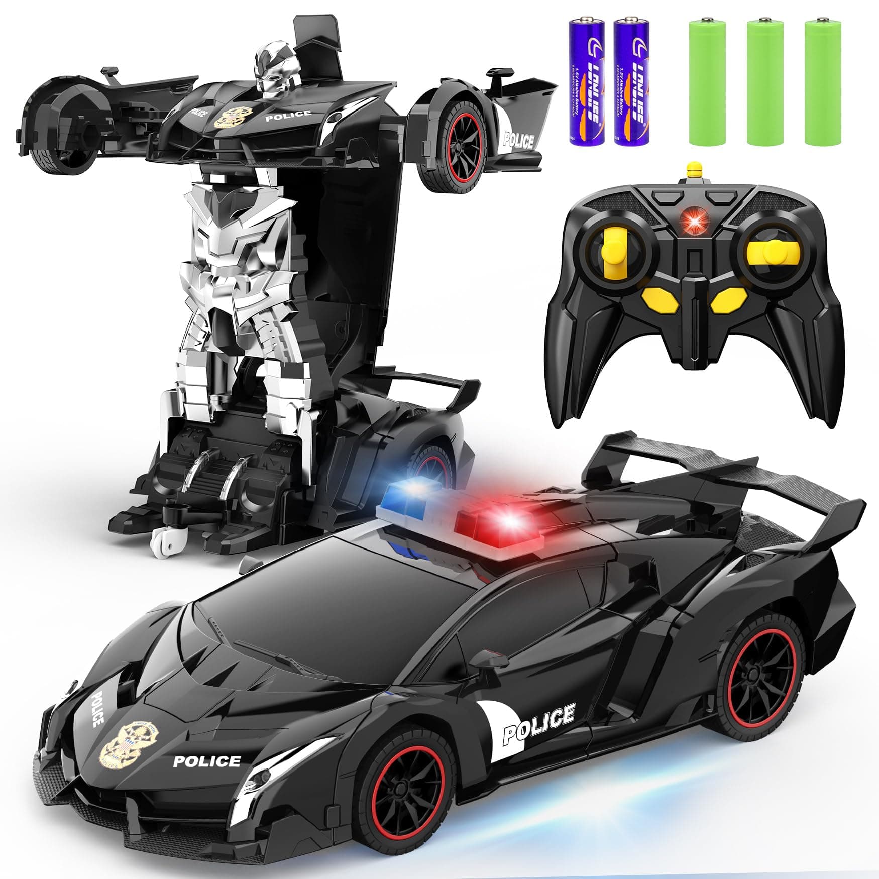 FDJ Remote Control Car - Transform Car Robot, One Button Deformation to Robot with Flashing Light, 2.4Ghz 1:18 Scale Transforming Police Car Kids Toys with 360 Degree Rotating Drifting, Toys