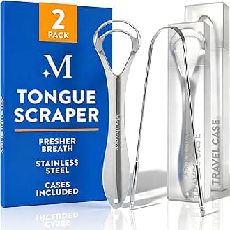 Tongue Scraper (2 Pack), Reduce Bad Breath (Travel Cases Included), Stainless Steel Tongue Cleaners, Metal Tongue Scraper, Tongue Scraper for Adults - Fresher Breath in Seconds