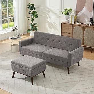 Tbfit Mid Century Modern Sofa Couch, Gray, Standard Sofa & Ottoman | linen fabric, button tufted, solid wood foot, pocket spring, wood slats frame