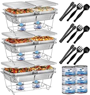 Disposable Chafing Servers with Covers - (33pc) Buffet Set Includes Full-Size Wire Stand & Fuel cans, Pans Utensils and Warmers for Parties Catering