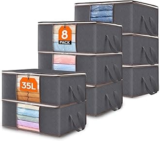 Lifewit Clothes Storage Bags, Foldable Storage Case, Closet Organizer, Duvet Storage Bag, Clothes Storage, Reinforced Handles, Durable Fabric with Clear Window, for Sweaters, Coats, T-shirts, Blankets, Pack of 8, Grey