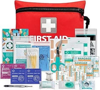 General Medi Mini First Aid Kit, 92 Pieces Small First Aid Kit - Includes Emergency Foil Blanket, Scissors for Travel, Home, Office, Vehicle, Camping, Workplace & Outdoor (Red)