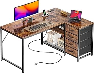 PRAISUN 43.3" Small Computer Desk with Power Outlets and USB-C Port, Reversible L Shaped Corner Office Desk with 4 Fabric Drawers and 2 Height-Adjustable Shelves, for Gaming Writing, Rustic Brown