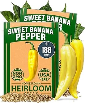 HOME GROWN Sweet Banana Pepper Seeds 188+ Heirloom Non-GMO Seeds for Planting, High Germination, Mild Yellow Sweet Peppers, Prolific Garden Crop, Perfect for Pickling & Salads (Capsicum annuum)