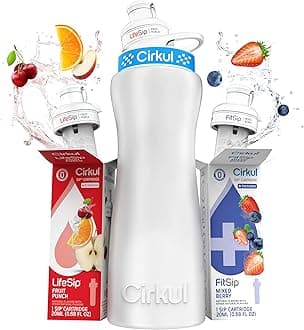 22oz. White Stainless Steel Water Bottle Starter Kit with Blue Lid, 2 Flavor Cartridges (1 LifeSip Fruit Punch and 1 FitSip Mixed Berry) Zero Calories and No Sugar