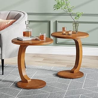 Tribesigns C-Shaped End Table Set of 2, Wooden Round Side Sofa Table, Couch Side Table, Mid-Century Modern End Table, Small Side Table, Boho Side Tray Table for Living Room, Brown