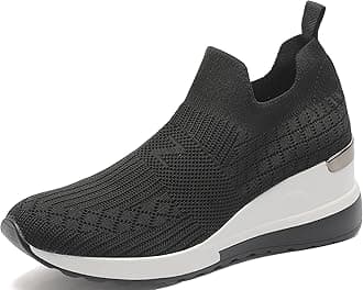 YZ High Heel Black Wedge Sneakers for Women Knit Upper Breathable Shoes