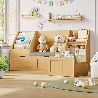 FOTOSOK 55.1’’ Kids Bookshelf with Reading Nook, Toy Storage Organizer with Seat Cushion and 3 Movable Drawers, Kids Reading Nook Toy Organizers and Storage with Bench for Playroom, Bedroom, Natural