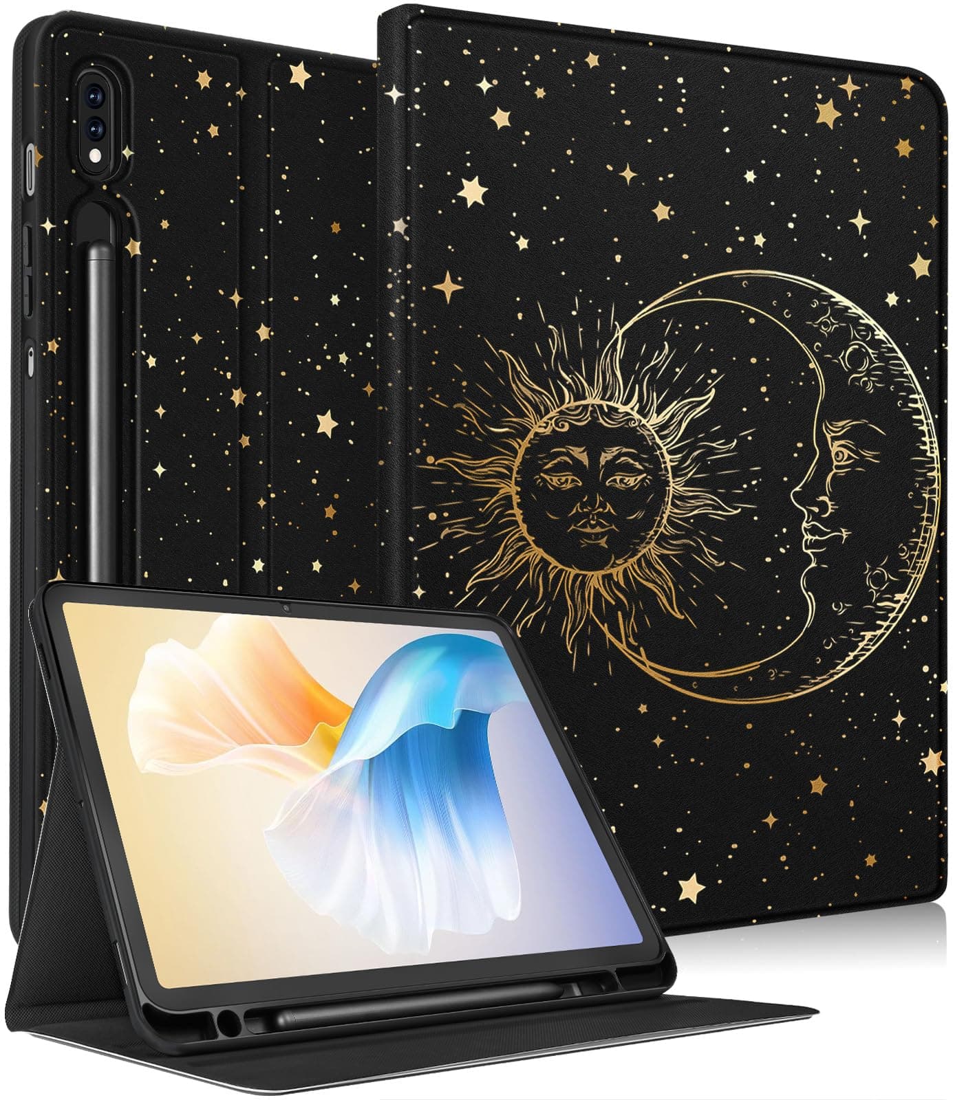 for Samsung Galaxy Tab S8 Plus/ S7 Plus/ S7 FE Case 12.4 Inch Women Cute Girls Folio Moon Sun Teen Boys Black Design Cover for Samsung Tablet S8 Plus 2022/ S7 Plus 2021/ S7 FE 5G Cases
