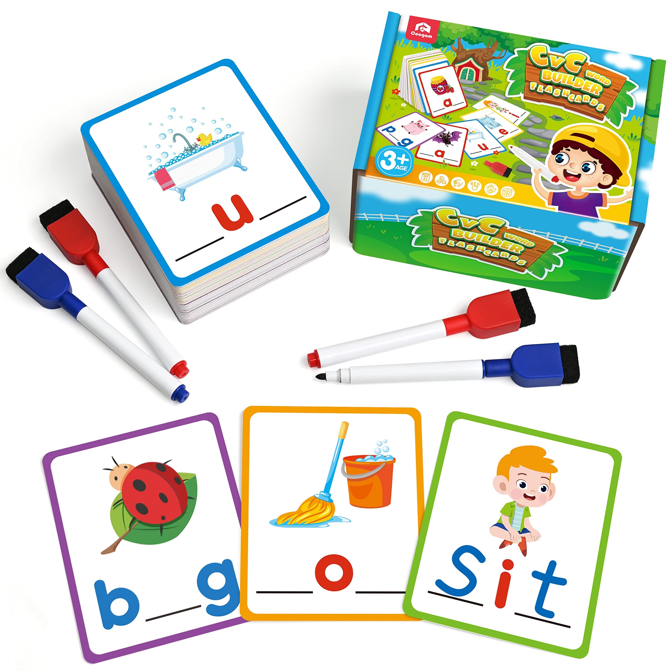 Coogam Short Vowel Spelling Flashcards, Learn To Write CVC Sight Words Color Pattern Handwriting Cards Fine Motor Montessori Educational Toy Gift for Kids 3 4 5 Years Old