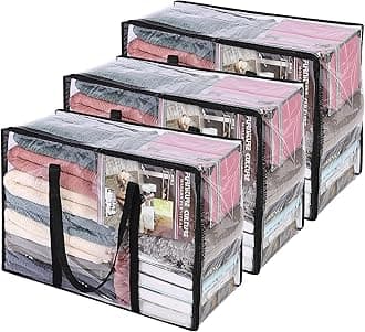 Clear Clothes Storage Bag Organizer with Reinforced Handle, 21.6 X 15.7 X 10 in, Vinyl Storage Bag for Comforter, Blanket, Bedding, Duvet, Transparent Moving Totes with Sturdy Zipper, 3 Pack
