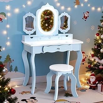 BRINJOY Kids Vanity with Lights, Wooden Princess Makeup Vanity Desk and Stool with Tri-fold Mirror, 2-in-1 Pretend Play Dressing Table w/Drawer, Children Beauty Vanity Set for Little Girls 3+, Blue