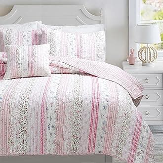 Cozy Line Home Fashions Shabby Chic Pink Flower Lace Ruffle Stripe 100% Cotton Reversible Quilt Bedding Set, Coverlet, Bedspread (Pink, Twin -3 Piece: 1 Quilt + 1 Sham + 1 Décor Pillow)