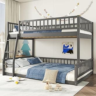 Full XL Over Queen Bunk Bed for Kids/Adults,Queen Size Floor Bunk Beds with Inclined Ladder,Solid Wood Low Bunk Bed,Detachable Bunk Beds for Teens,Girls,Boys(Gray)