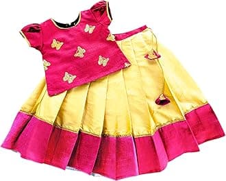 Stanwells Kids Lehenga Choli for Girls Cotton Silk Traditional Dress Ethnic Wear for Baby Girls Front Bow Readymade Embroidered Lehenga for Kids Kerala South Indian Pattu Pavadai Lehenga for Kids