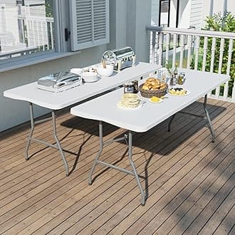2 Pack Foldable Table 6ft, Plastic Folding Table, Portable Heavy Duty Dining Table with Lock Function & Carrying Handle, Outdoor Indoor Foldable White Table for Camping Party Picnic
